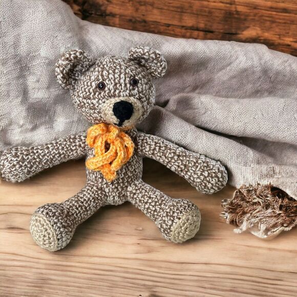 Handmade Crochet Stuffed Two Tone Brown Teddy Bear Stuffy Toy with Orange Scarf - Picture 1 of 12